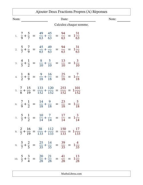 Ajouter deux fractions propres avec des dénominateurs différents, résultats en fractions mixtes, et sans simplification (Remplissable) (A) page 2