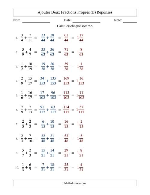 Ajouter deux fractions propres avec des dénominateurs différents, résultats en fractions mixtes, et sans simplification (Remplissable) (B) page 2