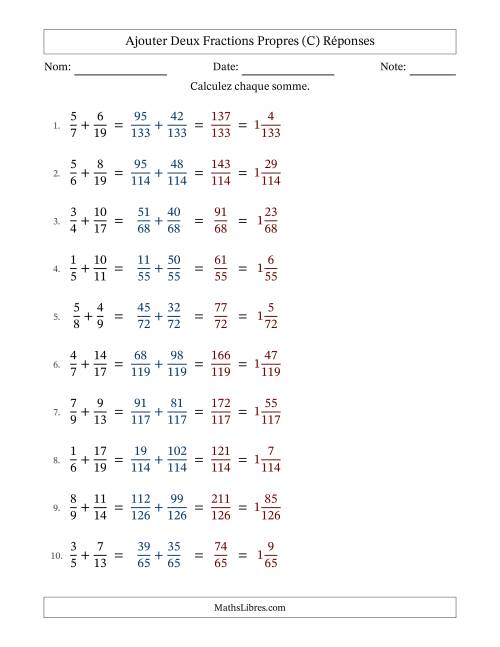 Ajouter deux fractions propres avec des dénominateurs différents, résultats en fractions mixtes, et sans simplification (Remplissable) (C) page 2