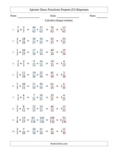 Ajouter deux fractions propres avec des dénominateurs différents, résultats en fractions mixtes, et sans simplification (Remplissable) (D) page 2