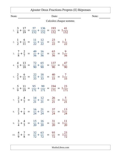 Ajouter deux fractions propres avec des dénominateurs différents, résultats en fractions mixtes, et sans simplification (Remplissable) (E) page 2