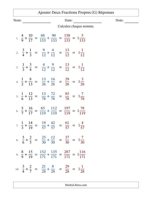 Ajouter deux fractions propres avec des dénominateurs différents, résultats en fractions mixtes, et sans simplification (Remplissable) (G) page 2