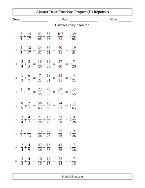 Ajouter deux fractions propres avec des dénominateurs différents, résultats en fractions mixtes, et sans simplification (Remplissable) (H) page 2
