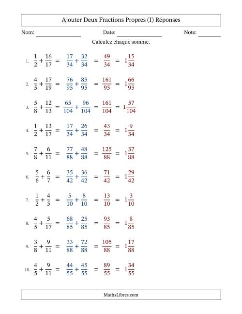 Ajouter deux fractions propres avec des dénominateurs différents, résultats en fractions mixtes, et sans simplification (Remplissable) (I) page 2