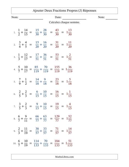 Ajouter deux fractions propres avec des dénominateurs différents, résultats en fractions mixtes, et sans simplification (Remplissable) (J) page 2