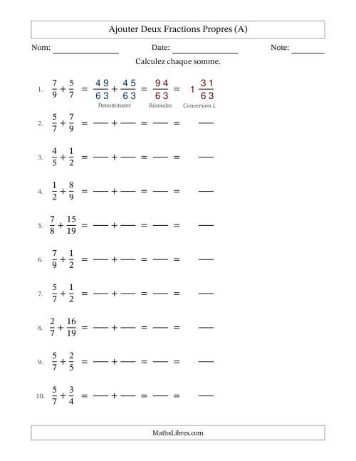 Ajouter deux fractions propres avec des dénominateurs différents, résultats en fractions mixtes, et sans simplification (Remplissable) (Tout)