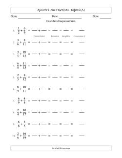 Ajouter deux fractions propres avec des dénominateurs différents, résultats en fractions mixtes, et avec simplification dans tous les problèmes (Remplissable)