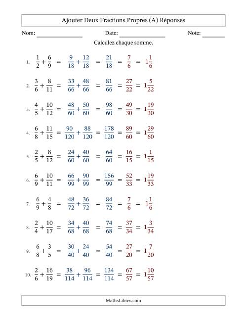 Ajouter deux fractions propres avec des dénominateurs différents, résultats en fractions mixtes, et avec simplification dans tous les problèmes (Remplissable) (A) page 2
