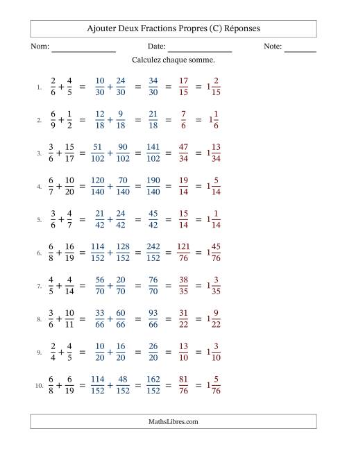 Ajouter deux fractions propres avec des dénominateurs différents, résultats en fractions mixtes, et avec simplification dans tous les problèmes (Remplissable) (C) page 2