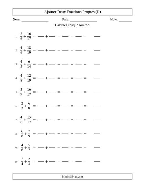 Ajouter deux fractions propres avec des dénominateurs différents, résultats en fractions mixtes, et avec simplification dans tous les problèmes (Remplissable) (D)