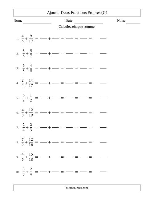 Ajouter deux fractions propres avec des dénominateurs différents, résultats en fractions mixtes, et avec simplification dans tous les problèmes (Remplissable) (G)