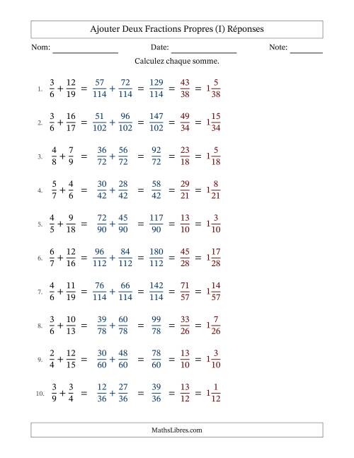 Ajouter deux fractions propres avec des dénominateurs différents, résultats en fractions mixtes, et avec simplification dans tous les problèmes (Remplissable) (I) page 2