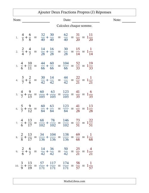 Ajouter deux fractions propres avec des dénominateurs différents, résultats en fractions mixtes, et avec simplification dans tous les problèmes (Remplissable) (J) page 2