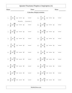 Ajouter fractions propres e impropres avec des dénominateurs égaux, résultats en fractions mixtes, et sans simplification (Remplissable)