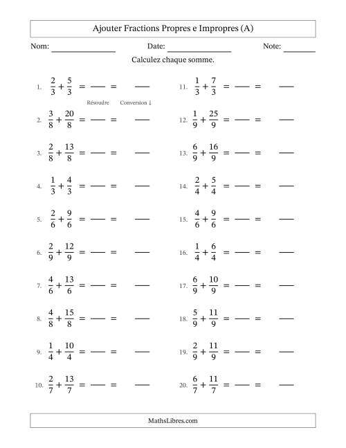 Ajouter fractions propres e impropres avec des dénominateurs égaux, résultats en fractions mixtes, et sans simplification (Remplissable) (A)