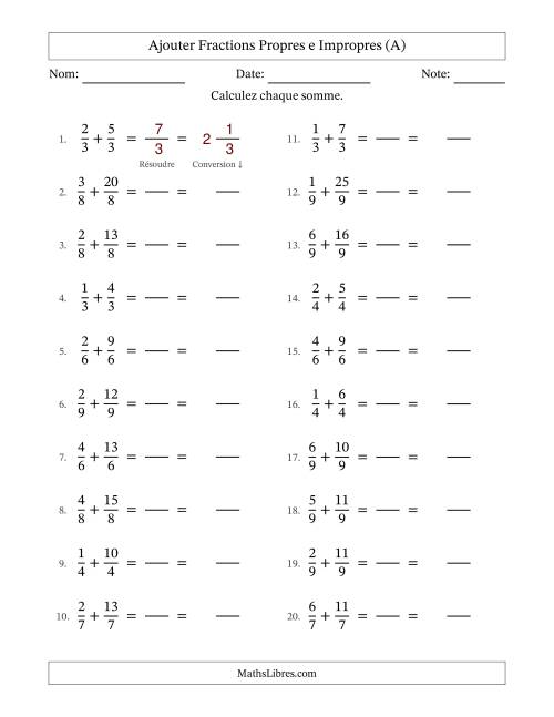 Ajouter fractions propres e impropres avec des dénominateurs égaux, résultats en fractions mixtes, et sans simplification (Remplissable) (Tout)