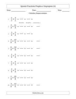 Ajouter fractions propres e impropres avec des dénominateurs égaux, résultats en fractions mixtes, et avec simplification dans tous les problèmes (Remplissable)