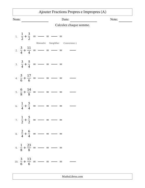 Ajouter fractions propres e impropres avec des dénominateurs égaux, résultats en fractions mixtes, et avec simplification dans tous les problèmes (Remplissable) (A)