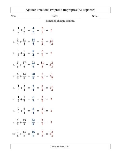 Ajouter fractions propres e impropres avec des dénominateurs égaux, résultats en fractions mixtes, et avec simplification dans tous les problèmes (Remplissable) (A) page 2