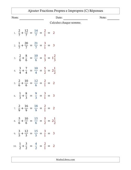 Ajouter fractions propres e impropres avec des dénominateurs égaux, résultats en fractions mixtes, et avec simplification dans tous les problèmes (Remplissable) (C) page 2