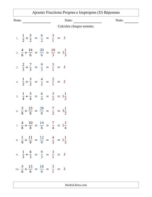 Ajouter fractions propres e impropres avec des dénominateurs égaux, résultats en fractions mixtes, et avec simplification dans tous les problèmes (Remplissable) (D) page 2