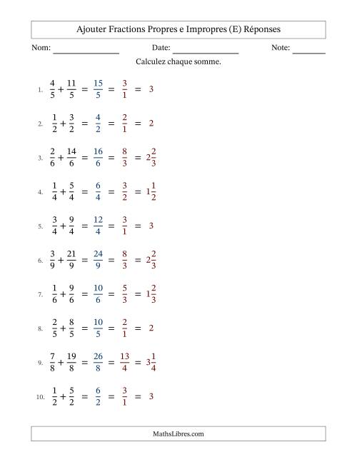 Ajouter fractions propres e impropres avec des dénominateurs égaux, résultats en fractions mixtes, et avec simplification dans tous les problèmes (Remplissable) (E) page 2