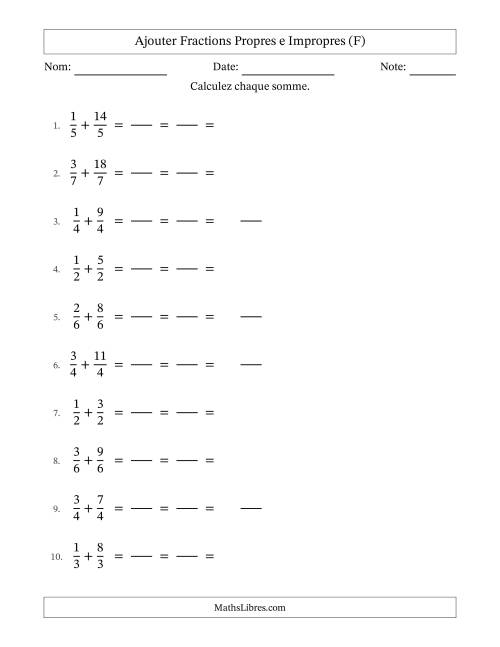 Ajouter fractions propres e impropres avec des dénominateurs égaux, résultats en fractions mixtes, et avec simplification dans tous les problèmes (Remplissable) (F)