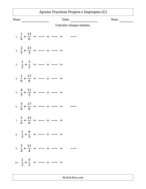Ajouter fractions propres e impropres avec des dénominateurs égaux, résultats en fractions mixtes, et avec simplification dans tous les problèmes (Remplissable) (G)