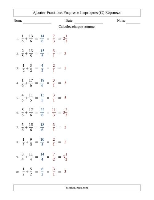 Ajouter fractions propres e impropres avec des dénominateurs égaux, résultats en fractions mixtes, et avec simplification dans tous les problèmes (Remplissable) (G) page 2