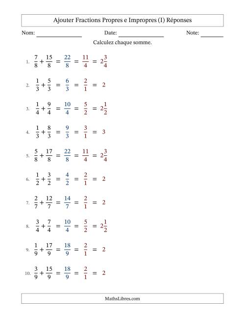 Ajouter fractions propres e impropres avec des dénominateurs égaux, résultats en fractions mixtes, et avec simplification dans tous les problèmes (Remplissable) (I) page 2