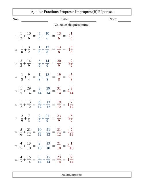 Ajouter fractions propres e impropres avec des dénominateurs similaires, résultats en fractions mixtes, et sans simplification (Remplissable) (B) page 2