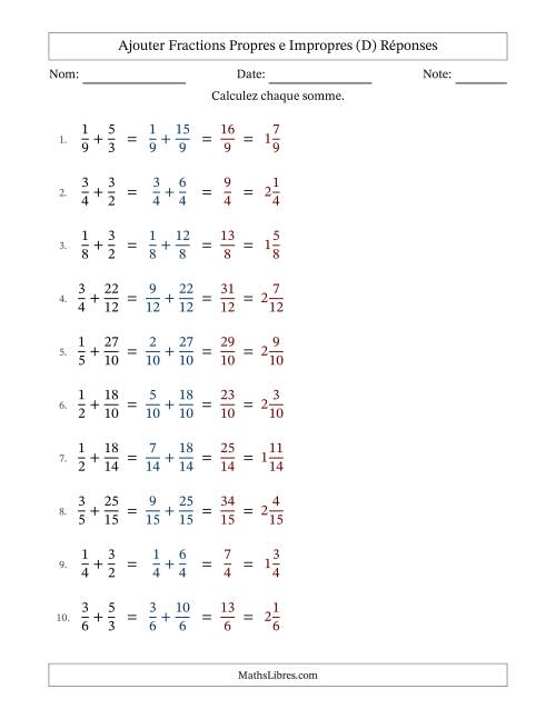 Ajouter fractions propres e impropres avec des dénominateurs similaires, résultats en fractions mixtes, et sans simplification (Remplissable) (D) page 2