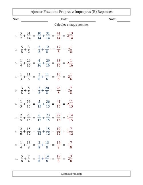 Ajouter fractions propres e impropres avec des dénominateurs similaires, résultats en fractions mixtes, et sans simplification (Remplissable) (E) page 2