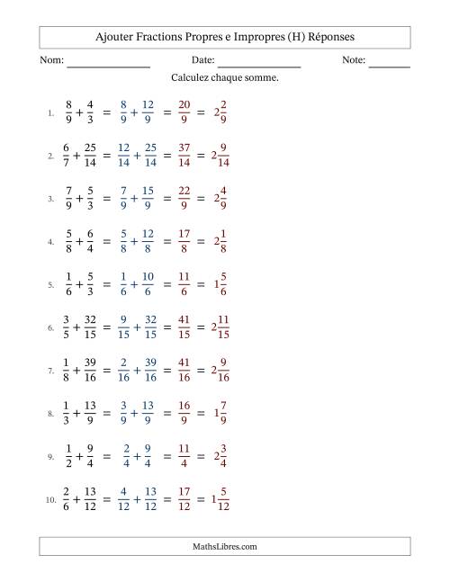 Ajouter fractions propres e impropres avec des dénominateurs similaires, résultats en fractions mixtes, et sans simplification (Remplissable) (H) page 2