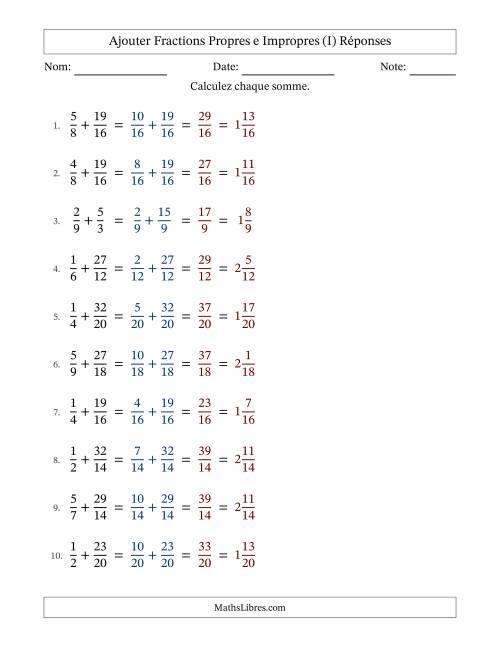 Ajouter fractions propres e impropres avec des dénominateurs similaires, résultats en fractions mixtes, et sans simplification (Remplissable) (I) page 2