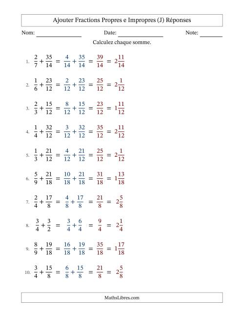 Ajouter fractions propres e impropres avec des dénominateurs similaires, résultats en fractions mixtes, et sans simplification (Remplissable) (J) page 2