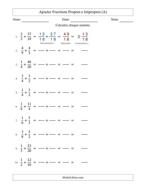 Ajouter fractions propres e impropres avec des dénominateurs similaires, résultats en fractions mixtes, et sans simplification (Remplissable) (Tout)