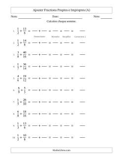 Ajouter fractions propres e impropres avec des dénominateurs similaires, résultats en fractions mixtes, et avec simplification dans tous les problèmes (Remplissable)