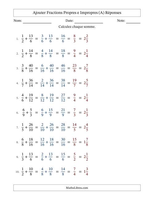Ajouter fractions propres e impropres avec des dénominateurs similaires, résultats en fractions mixtes, et avec simplification dans tous les problèmes (Remplissable) (A) page 2