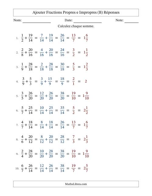 Ajouter fractions propres e impropres avec des dénominateurs similaires, résultats en fractions mixtes, et avec simplification dans tous les problèmes (Remplissable) (B) page 2