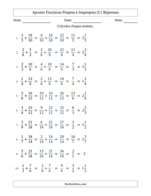 Ajouter fractions propres e impropres avec des dénominateurs similaires, résultats en fractions mixtes, et avec simplification dans tous les problèmes (Remplissable) (C) page 2