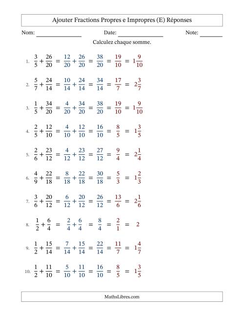 Ajouter fractions propres e impropres avec des dénominateurs similaires, résultats en fractions mixtes, et avec simplification dans tous les problèmes (Remplissable) (E) page 2