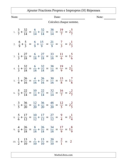 Ajouter fractions propres e impropres avec des dénominateurs similaires, résultats en fractions mixtes, et avec simplification dans tous les problèmes (Remplissable) (H) page 2