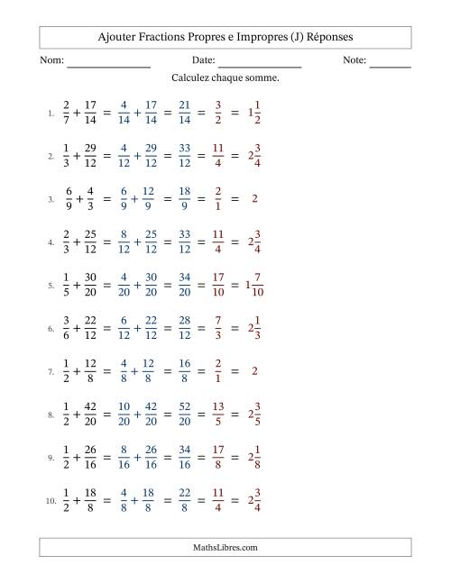 Ajouter fractions propres e impropres avec des dénominateurs similaires, résultats en fractions mixtes, et avec simplification dans tous les problèmes (Remplissable) (J) page 2