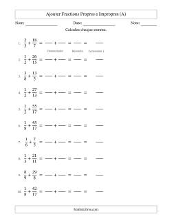 Ajouter fractions propres e impropres avec des dénominateurs différents, résultats en fractions mixtes, et sans simplification (Remplissable)