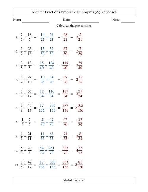 Ajouter fractions propres e impropres avec des dénominateurs différents, résultats en fractions mixtes, et sans simplification (Remplissable) (A) page 2