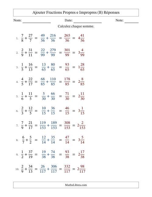 Ajouter fractions propres e impropres avec des dénominateurs différents, résultats en fractions mixtes, et sans simplification (Remplissable) (B) page 2