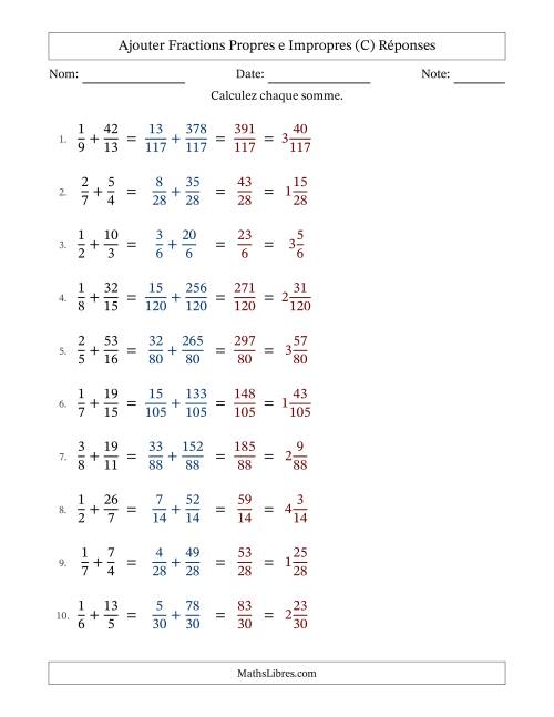Ajouter fractions propres e impropres avec des dénominateurs différents, résultats en fractions mixtes, et sans simplification (Remplissable) (C) page 2