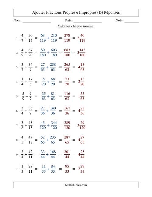 Ajouter fractions propres e impropres avec des dénominateurs différents, résultats en fractions mixtes, et sans simplification (Remplissable) (D) page 2