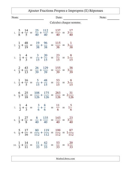Ajouter fractions propres e impropres avec des dénominateurs différents, résultats en fractions mixtes, et sans simplification (Remplissable) (E) page 2